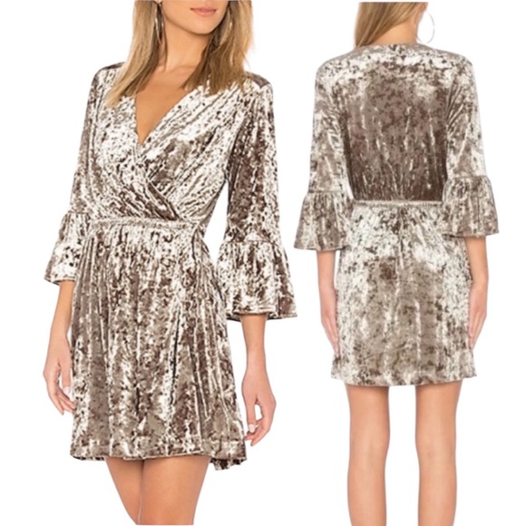 L'AGENCE Dresses & Skirts - L’AGENCE | Crushed Velvet Riley Mink Wrap Dress Quarter Bell Sleeve Mini Dress